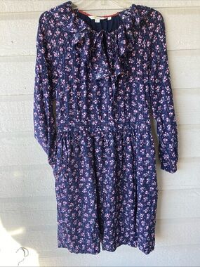 Boden Navy Floral Ruffled Neck Long Sleeve Dress size 8